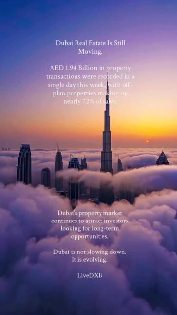 Dubai Real Estate Is Still Moving.

AED 1.94 Billion in property transactions were recorded in a single day this week, with off-plan properties making up nearly 72% of sales.
#livedxb #dubaiproperty #dubairealestate #investindubai